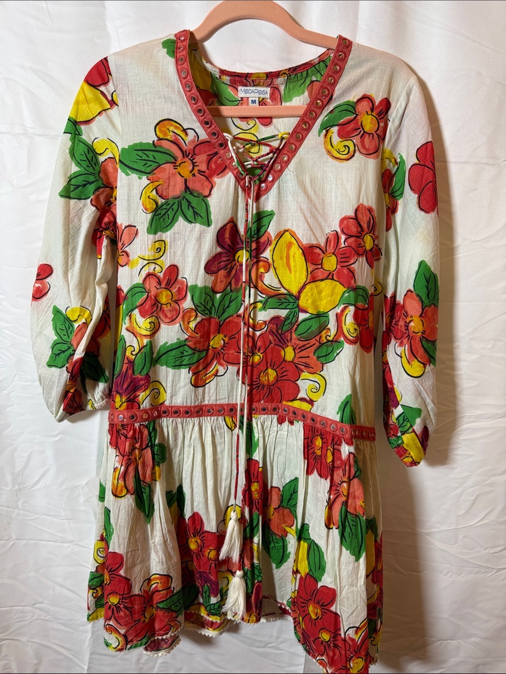 Vintage-Inspired Floral Tie-Front Women’s Dress - Red & Yellow moda posa